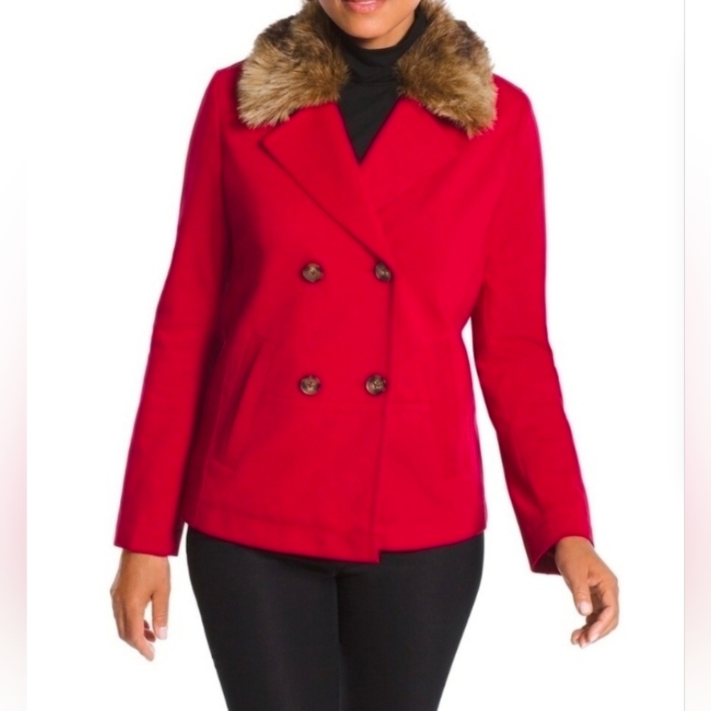 Chico's Vibrant Red Pea Coat with Faux Fur Trim